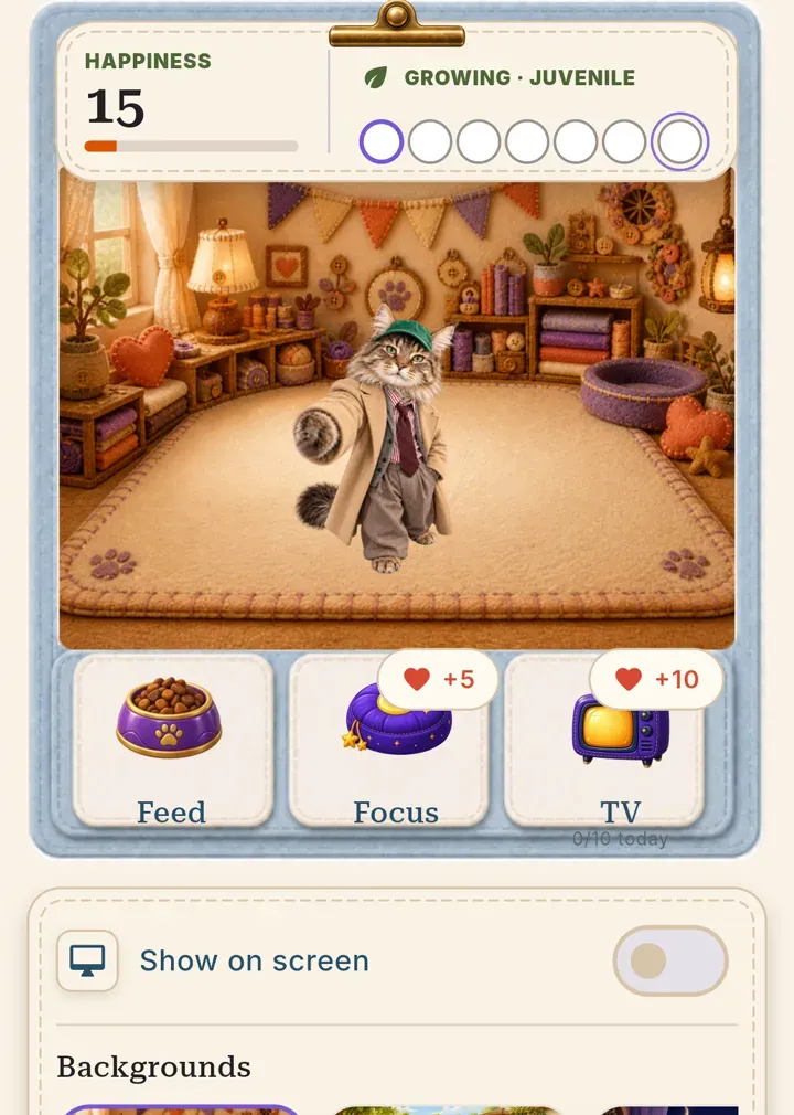 A PetPip companion with happiness, growth, Feed, Focus, and TV care controls.