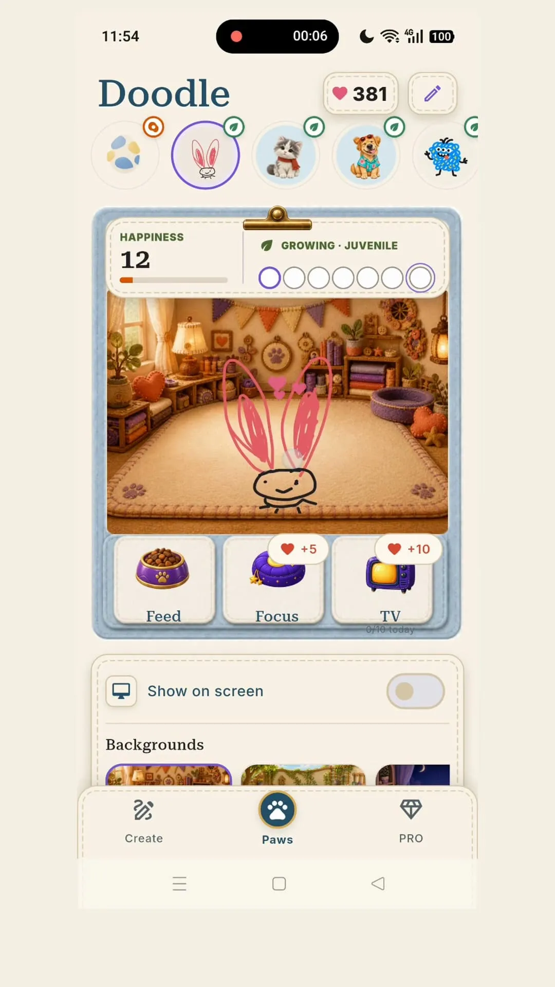The long-eared rabbit doodle living as a small interactive character in the PetPip care screen.