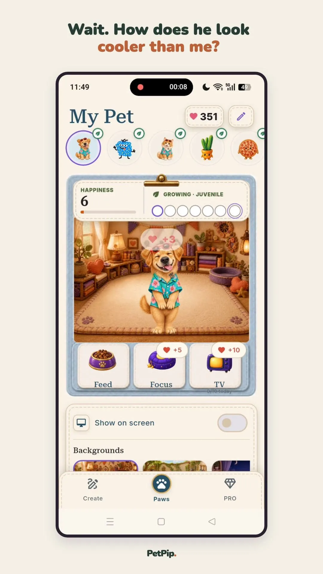 The resulting small dog character standing inside the PetPip care screen.