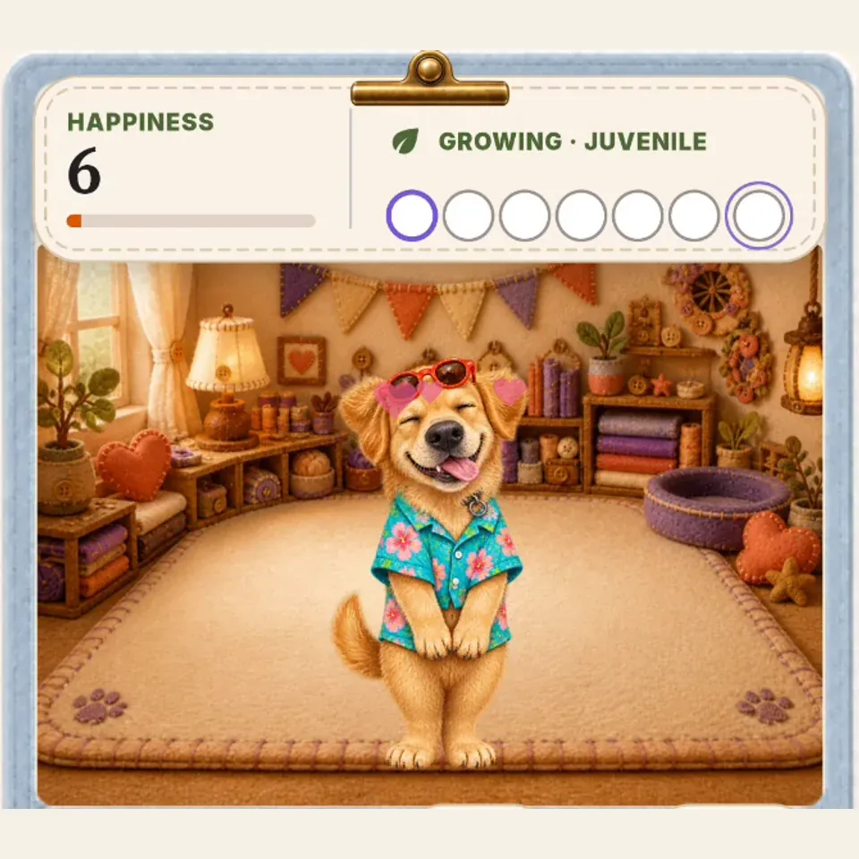 The actual stylized golden retriever result in PetPip with golden fur, a happy squint, a smaller nose, and a floral shirt.