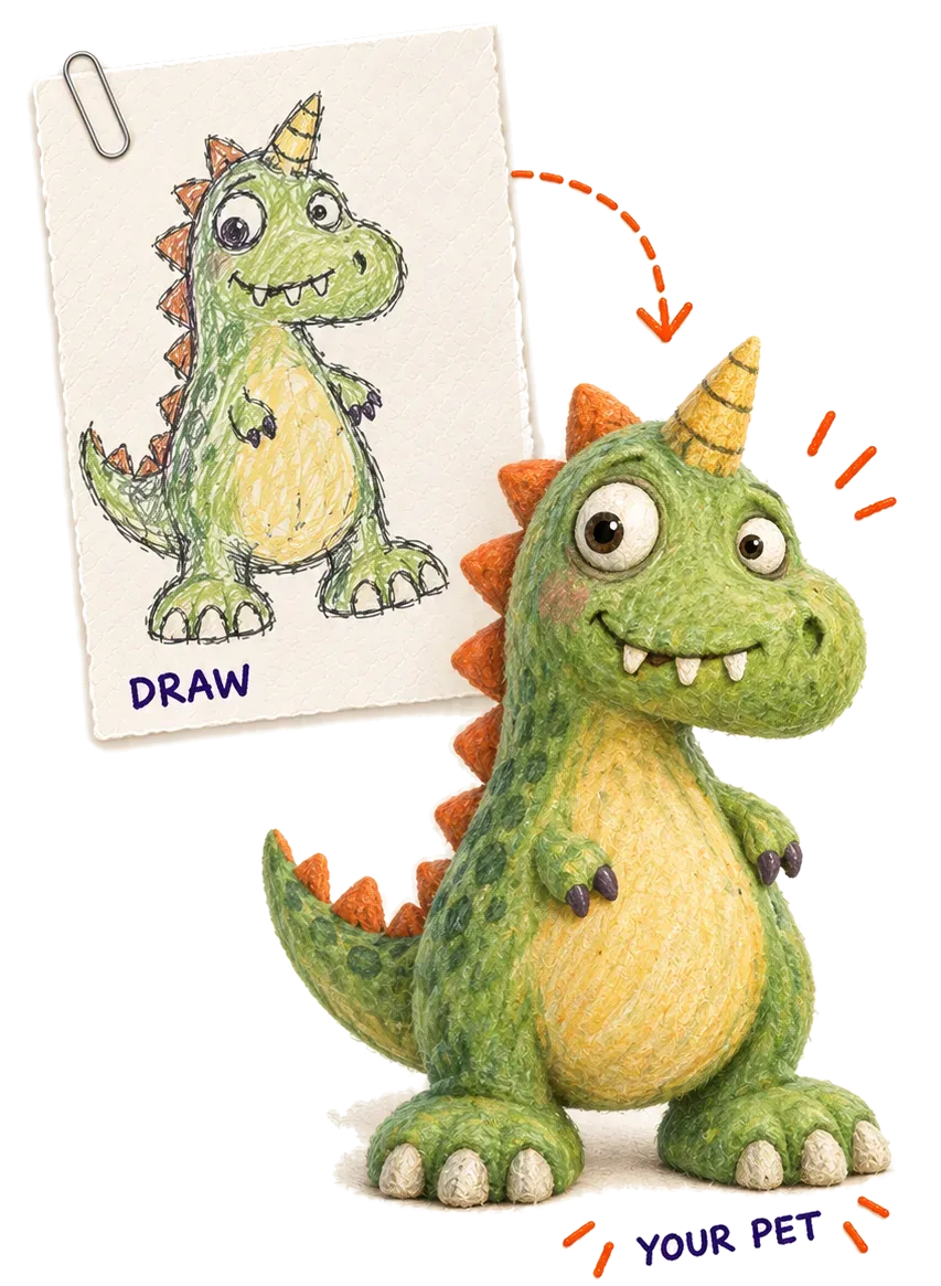 A dinosaur drawing and its felt-style companion.