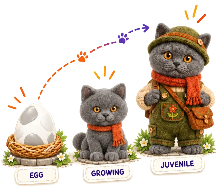 PetPip lifecycle illustration: egg, growing pet, and juvenile pet.