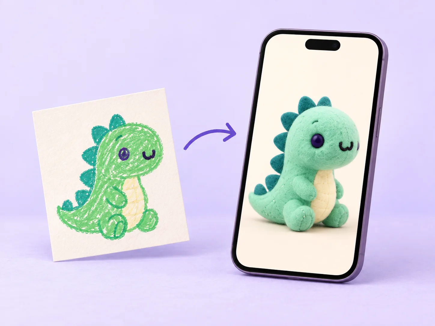 Illustration of a green dinosaur drawing becoming a felt-style companion on a phone.