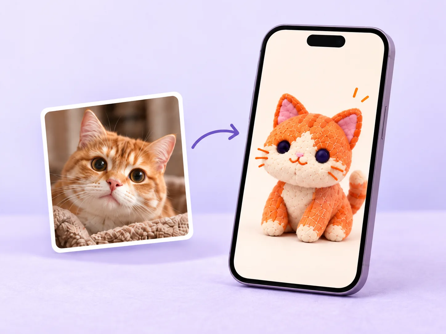 Illustration of an orange cat photo becoming a felt-style companion on a phone.