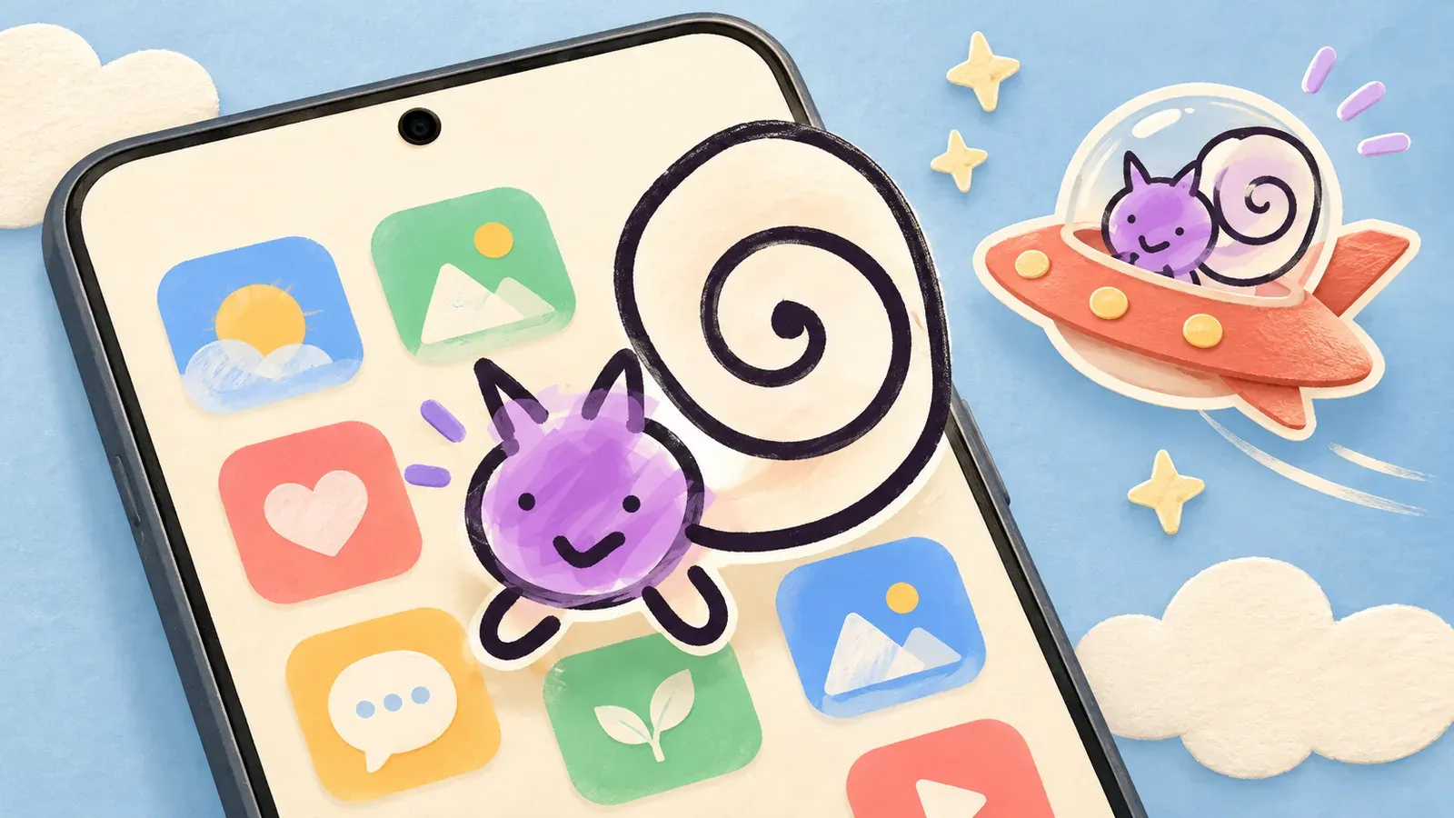 An editorial Android phone illustration with a purple spiral-tailed pet floating over app icons and a coral spacecraft.