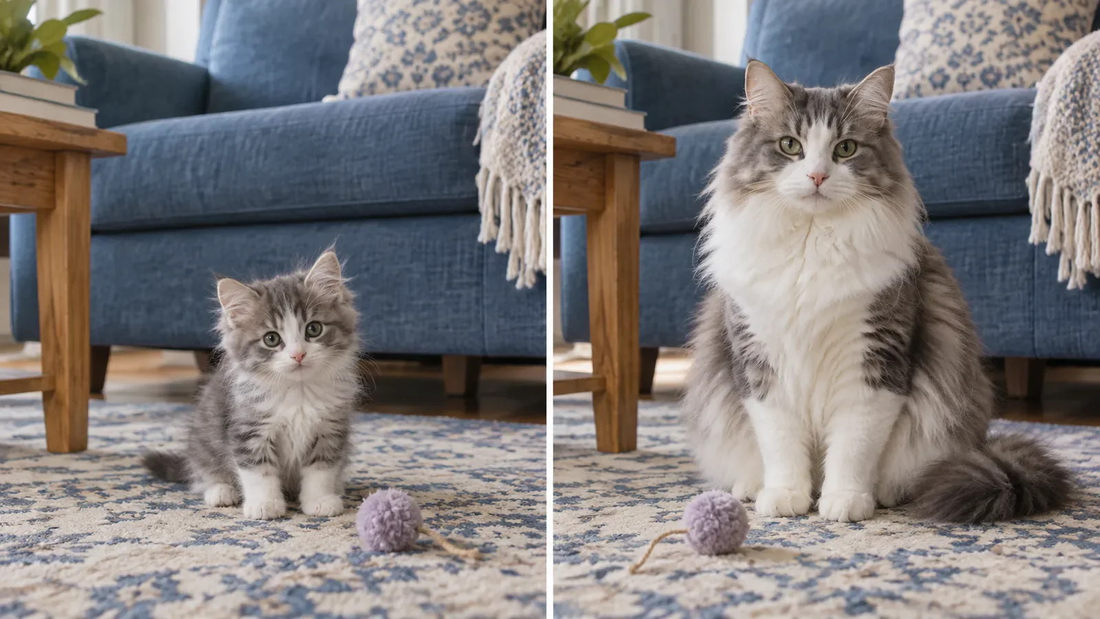 The same fluffy gray-and-white cat photographed as a small kitten and as an adult beside the same blue sofa and toy.