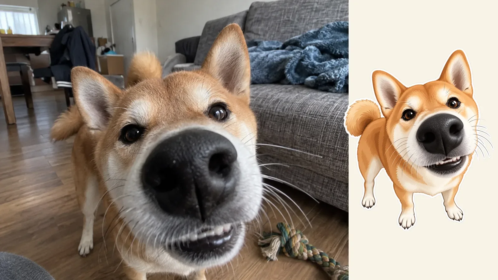 A funny close-up Shiba Inu photo beside a personal virtual pet that keeps the same oversized nose and expression.