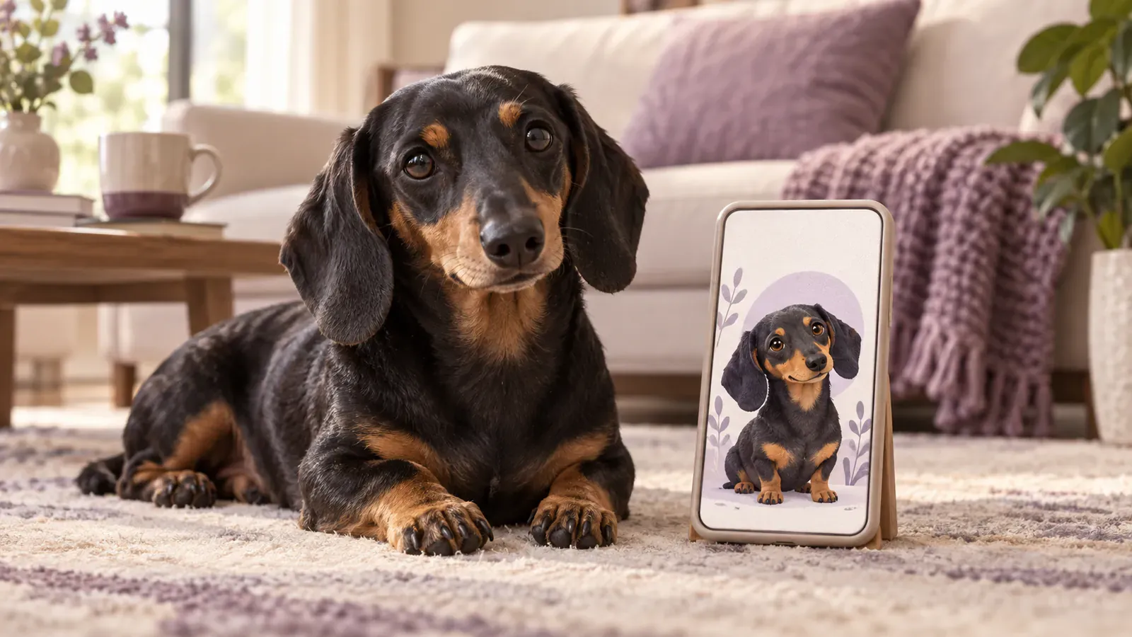 A real black-and-tan dachshund resting beside a phone-sized portrait of a small companion inspired by the same dog.