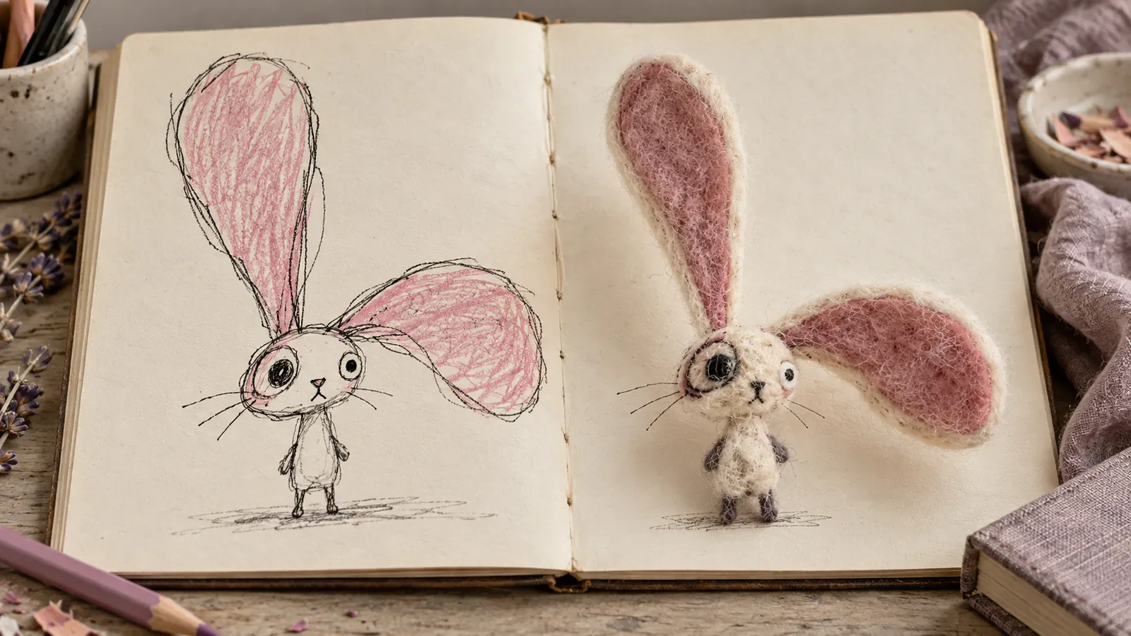 An imperfect rabbit doodle with enormous uneven pink ears beside a small felt version that keeps the same proportions.