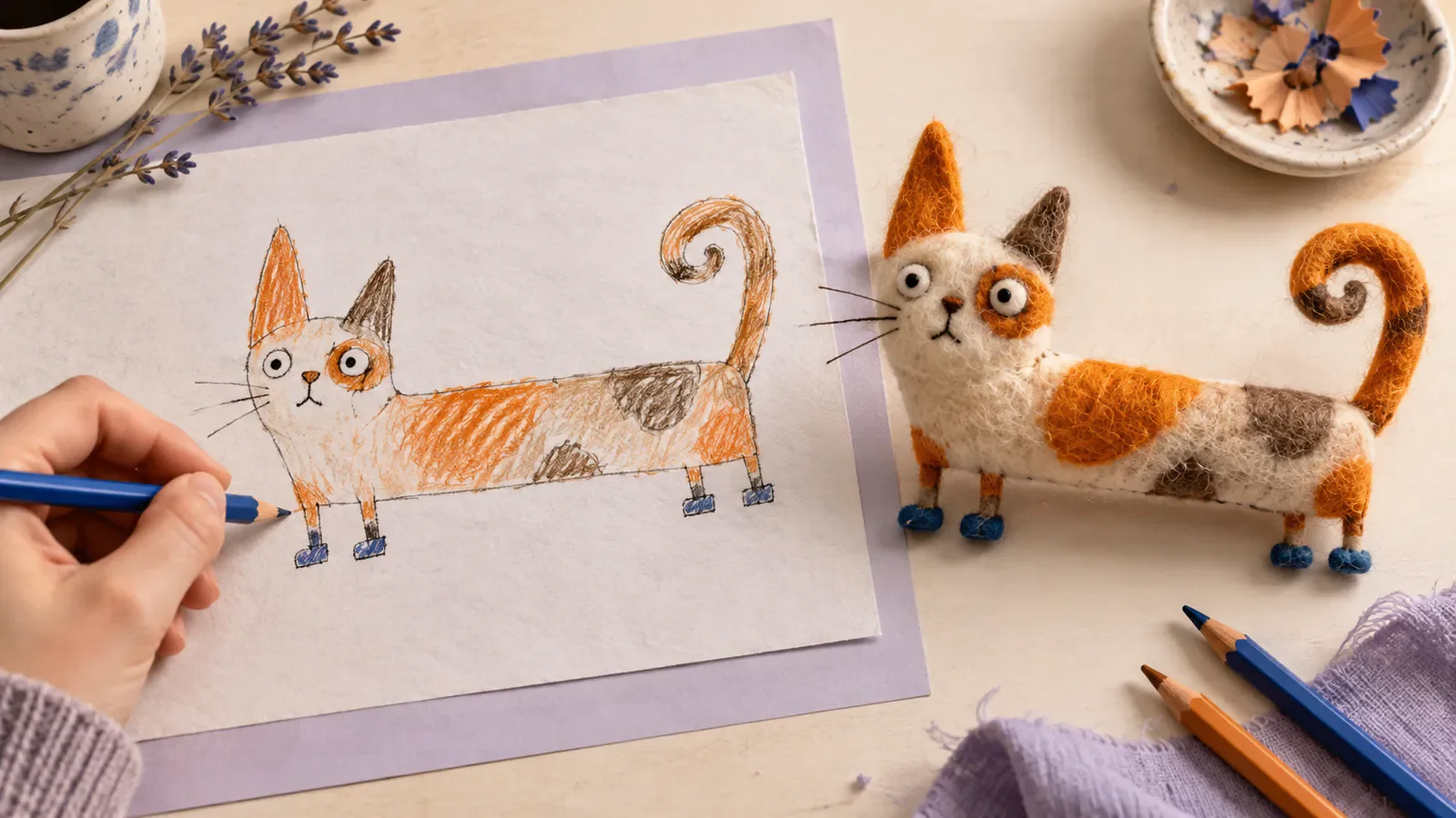An uneven long-bodied cat doodle with blue feet beside a felt-like companion that preserves the same unusual features.
