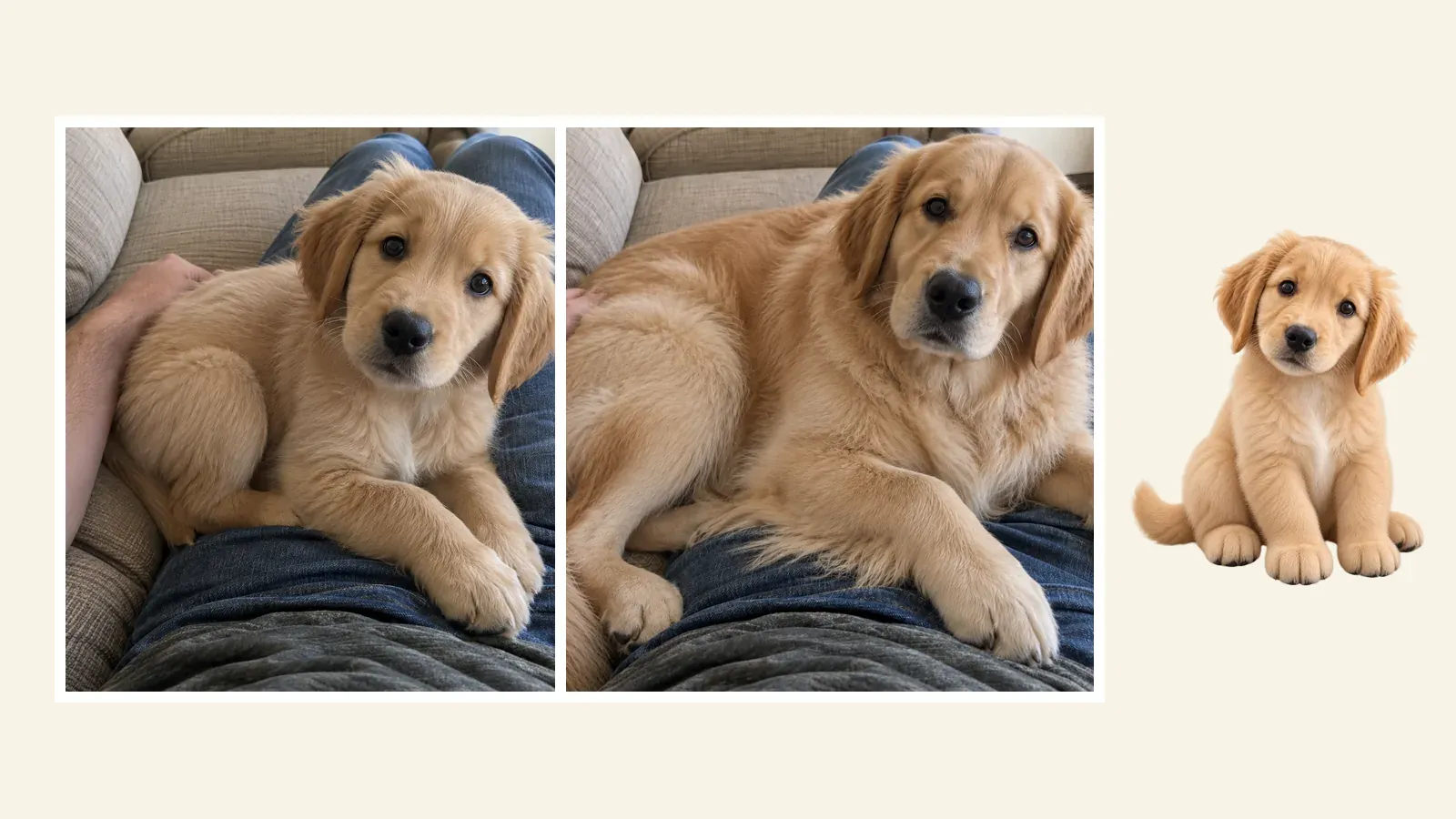Two print-like photos showing a golden retriever as a puppy and as an adult beside a small personal virtual companion.
