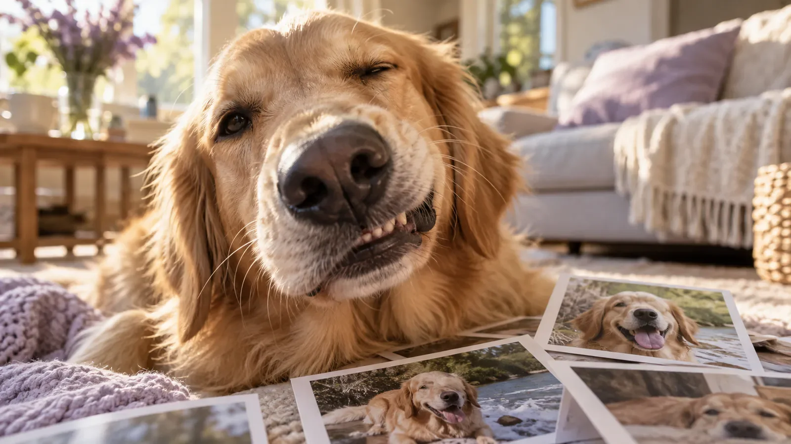 A golden retriever making a crooked, half-winking expression beside a small collection of everyday printed photos.