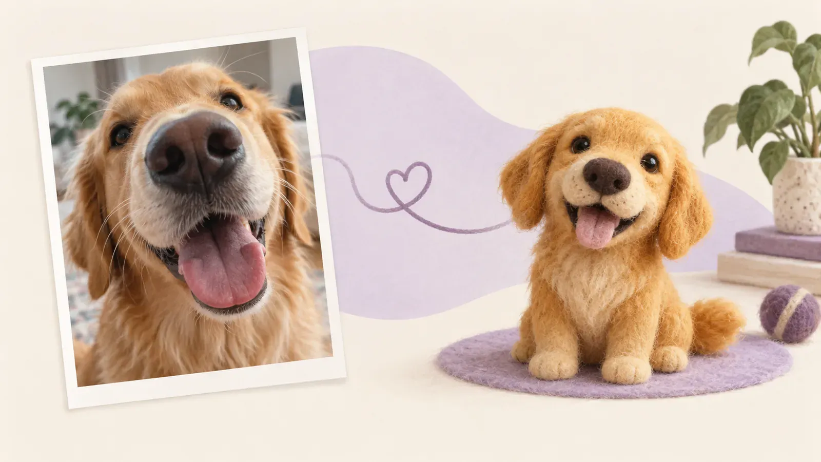 A funny close-up photo of a golden retriever beside a small felt-like companion inspired by the same dog.