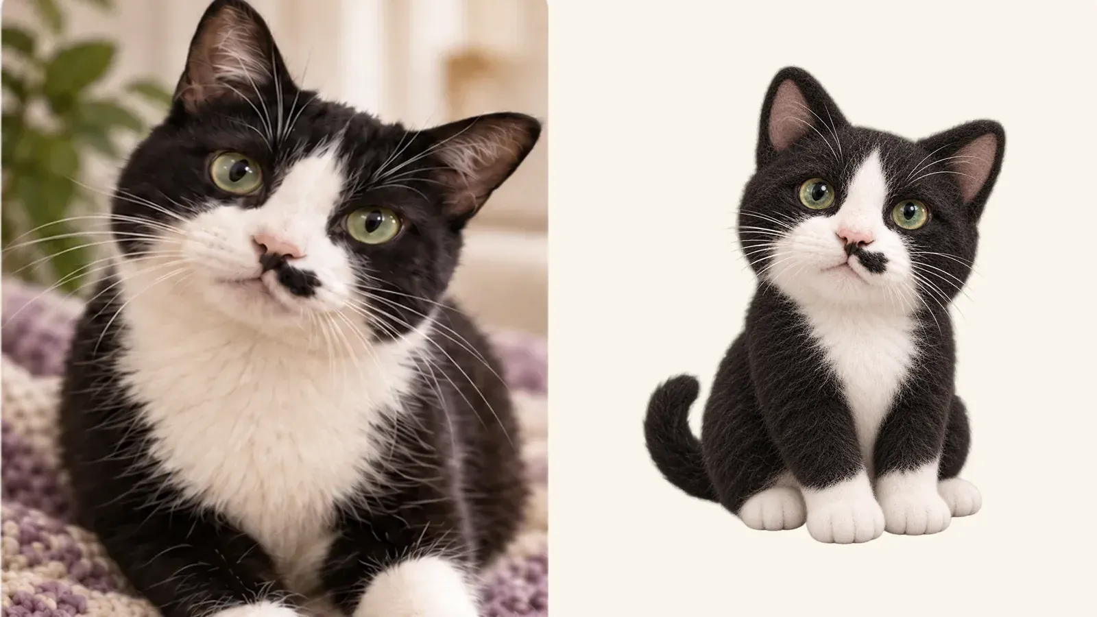 A black-and-white cat photo beside a small personal virtual pet that keeps the cat's crooked moustache marking.