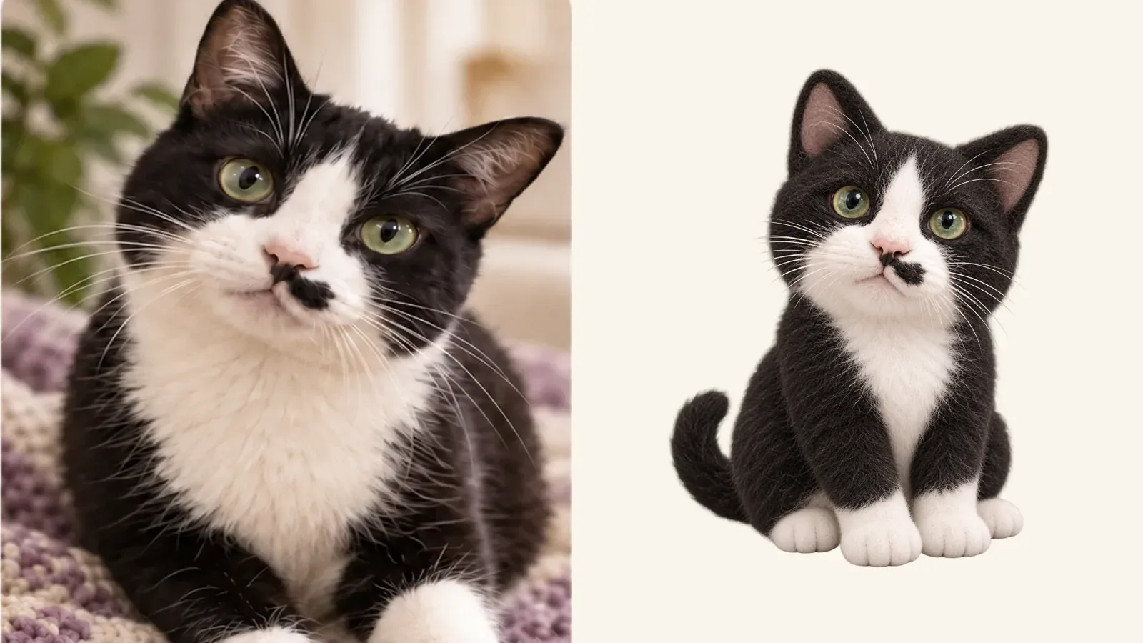 A black-and-white cat photo beside a small personal virtual pet that keeps the cat's crooked moustache marking.