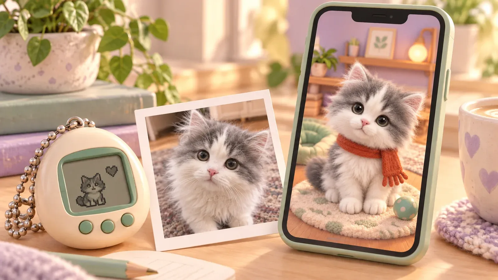 An editorial illustration of a retro digital-pet toy, a gray-and-white kitten photo, and a phone companion with an orange scarf.