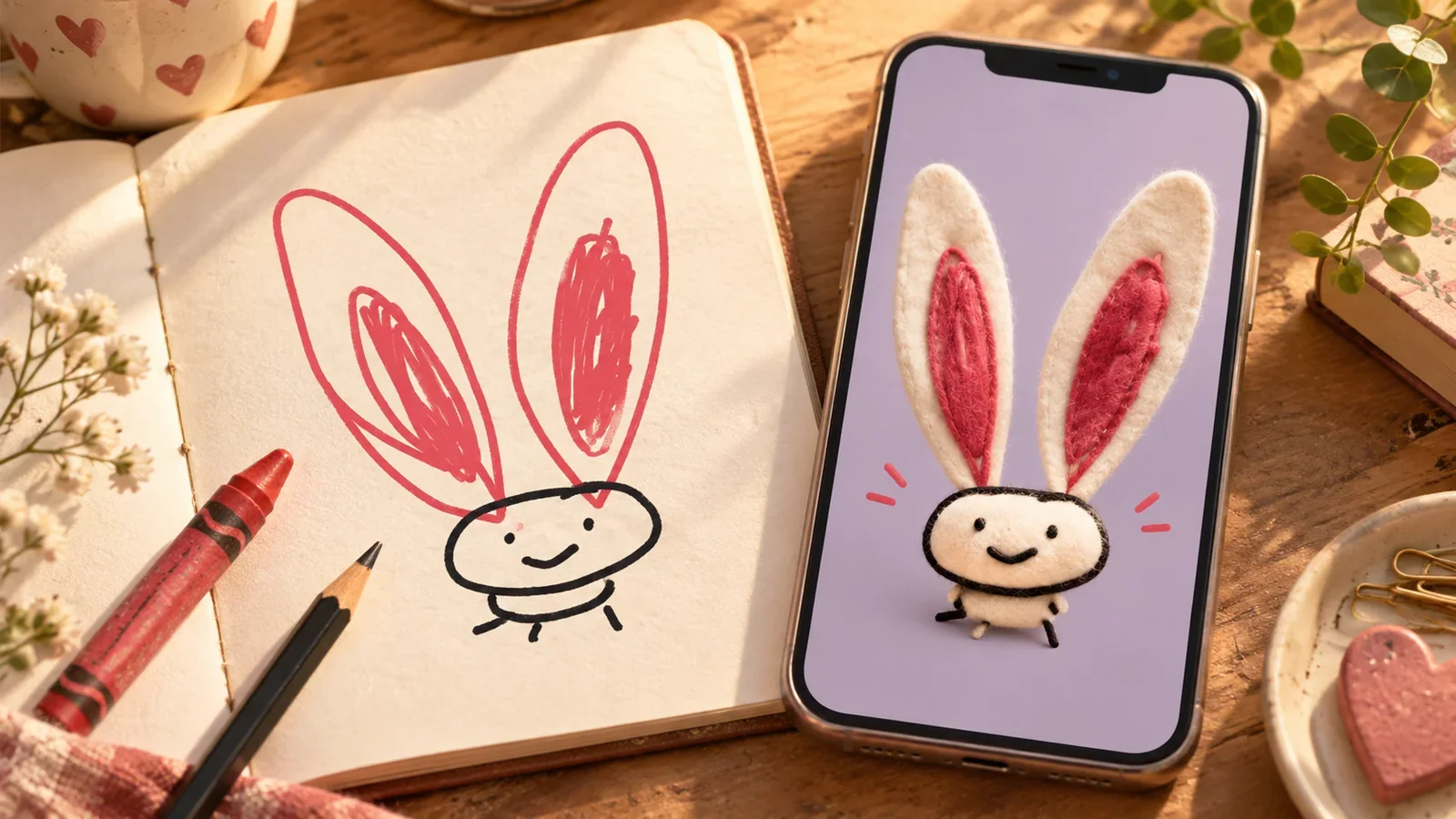 An illustrative long-eared rabbit doodle on paper beside a felt-like interpretation on a phone.