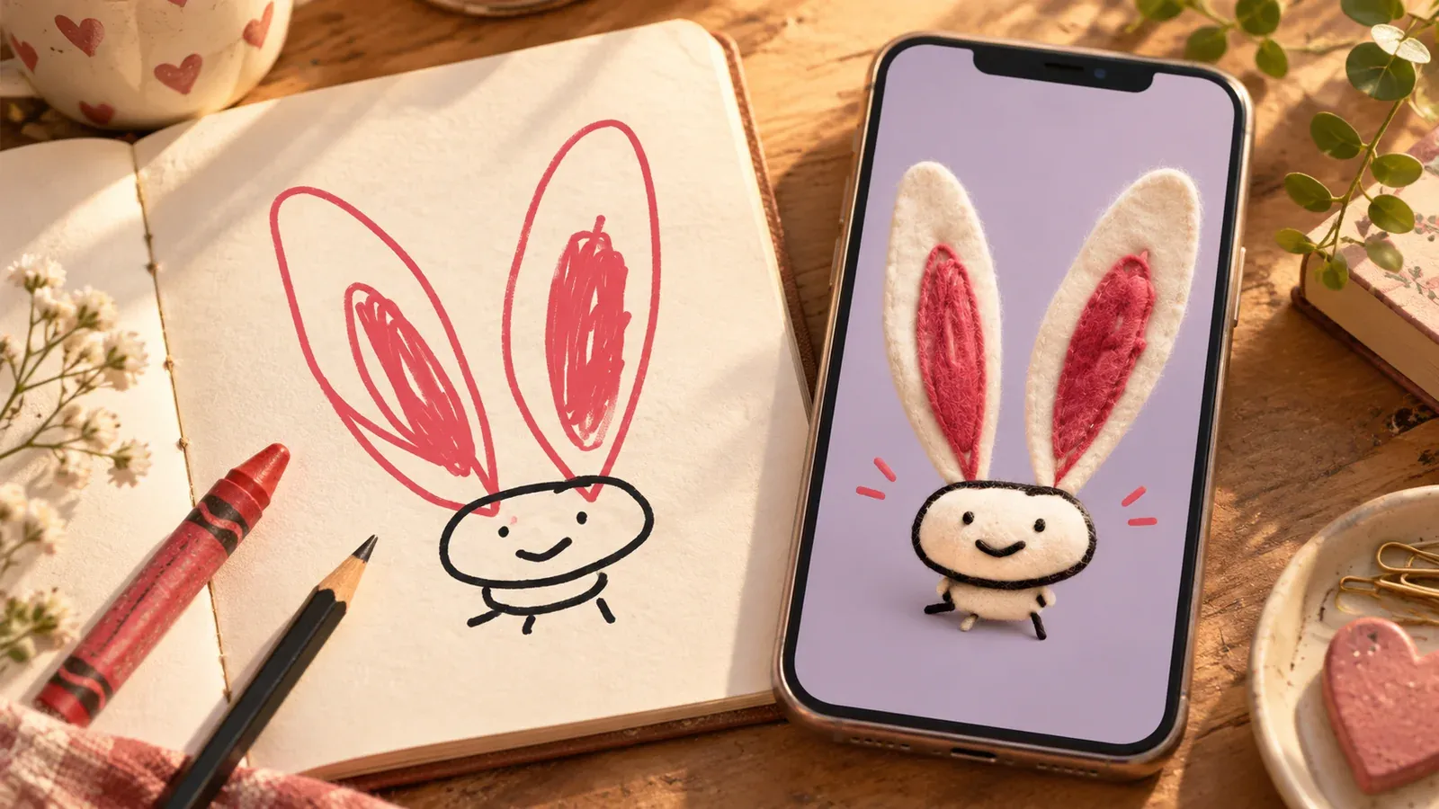 An illustrative long-eared rabbit doodle on paper beside a felt-like interpretation on a phone.