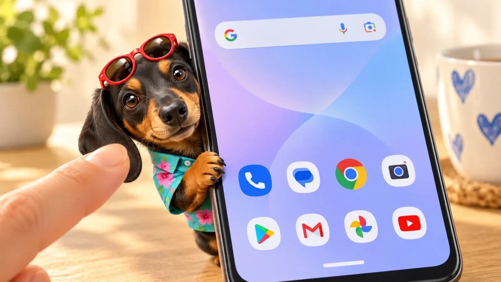 A playful illustration of a dachshund peeking from an Android phone's edge.