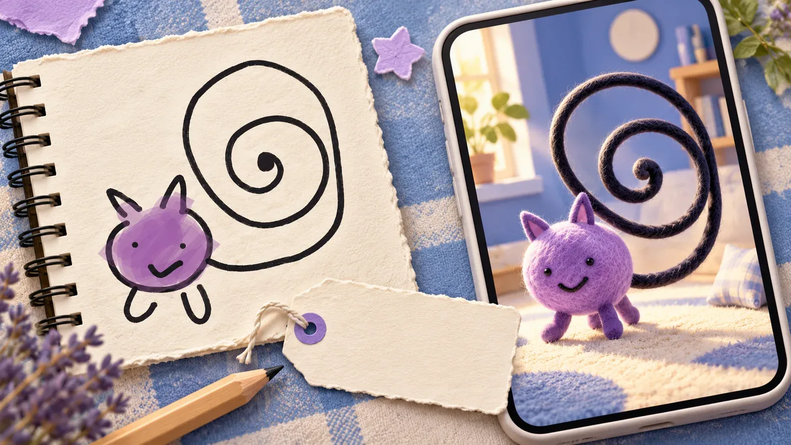 An illustrated purple spiral-tailed doodle beside a phone character, a pencil, and a blank paper name tag.