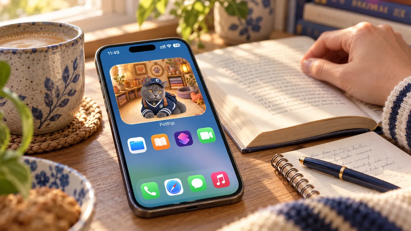 An illustrated quiet reading scene with a personal cat companion in an iPhone Home Screen room.