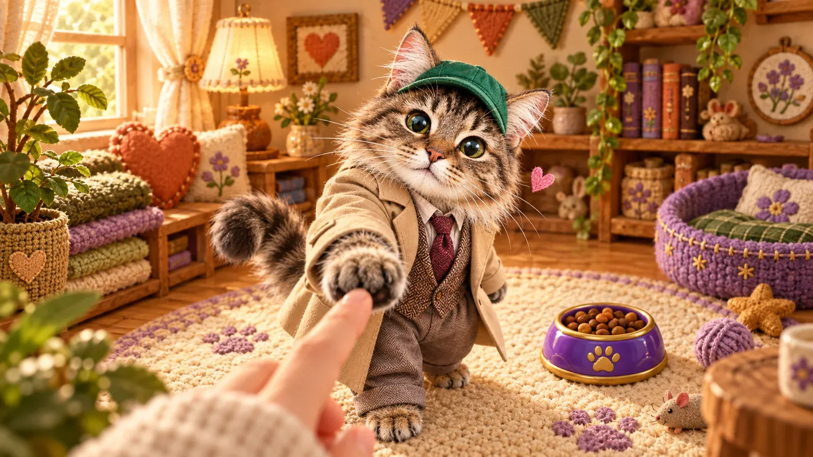 An illustrated detective-coat tabby reaching toward a fingertip in its cozy room beside a food bowl.