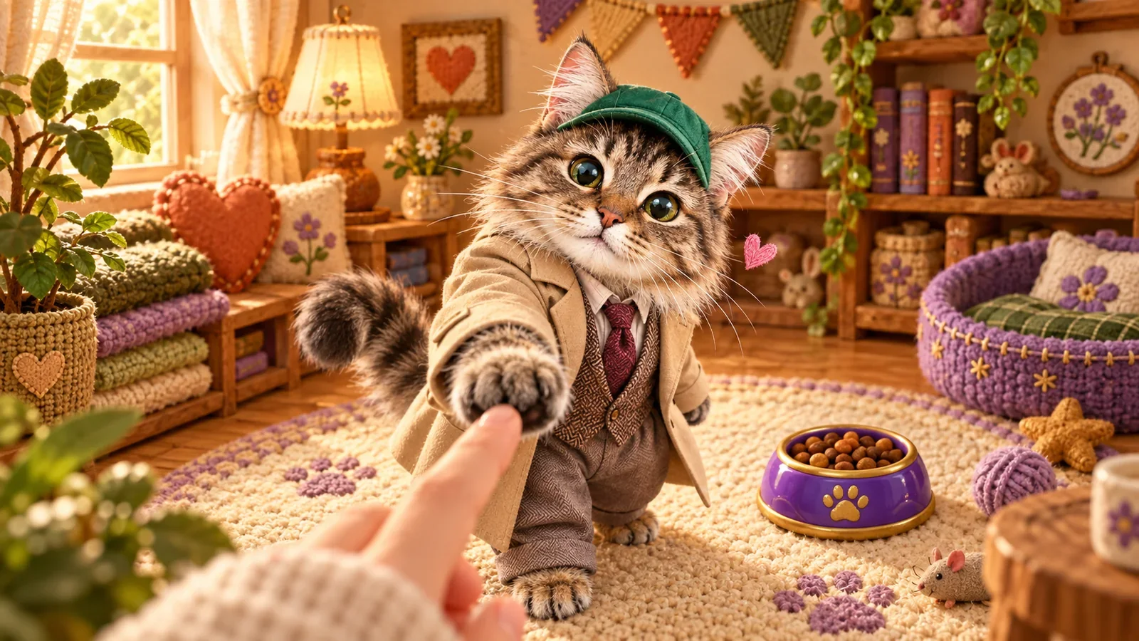 An illustrated detective-coat tabby reaching toward a fingertip in its cozy room beside a food bowl.