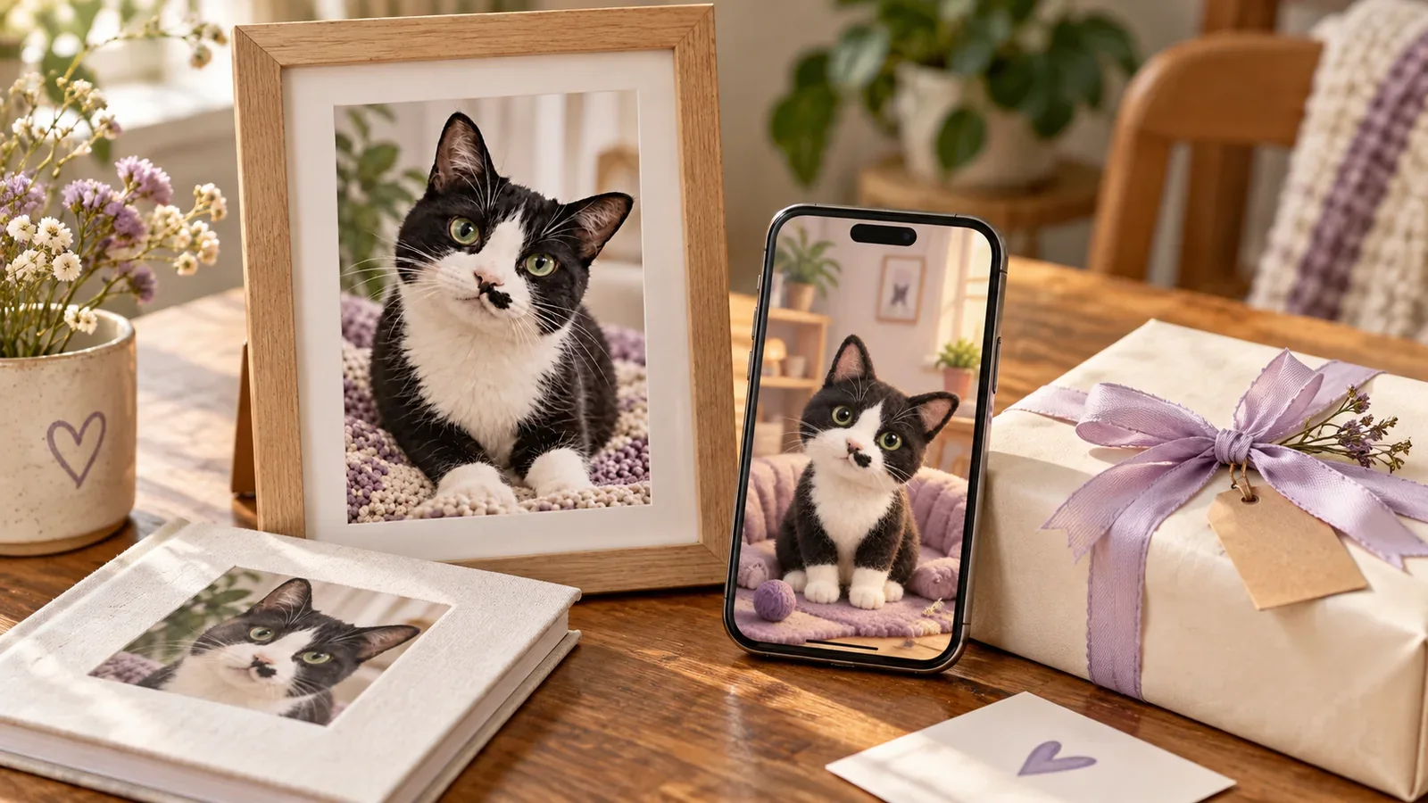 An illustrative pet gift scene with a cat photo, photo book, ribbon, and personal phone companion.