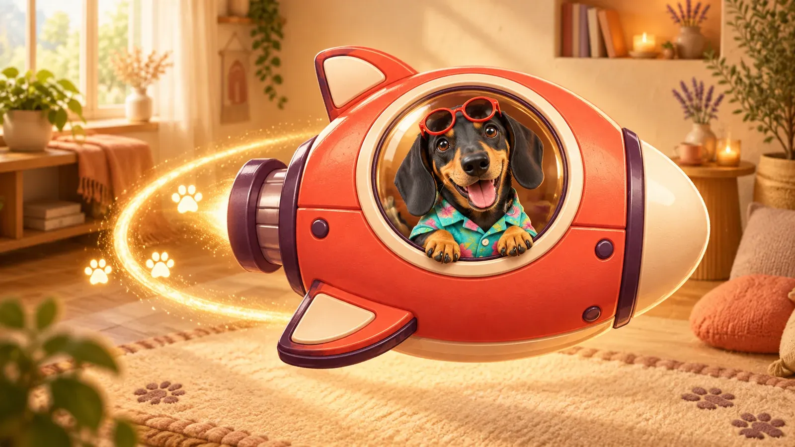 An illustrated dachshund riding a coral spacecraft in a warm PetPip-inspired room.