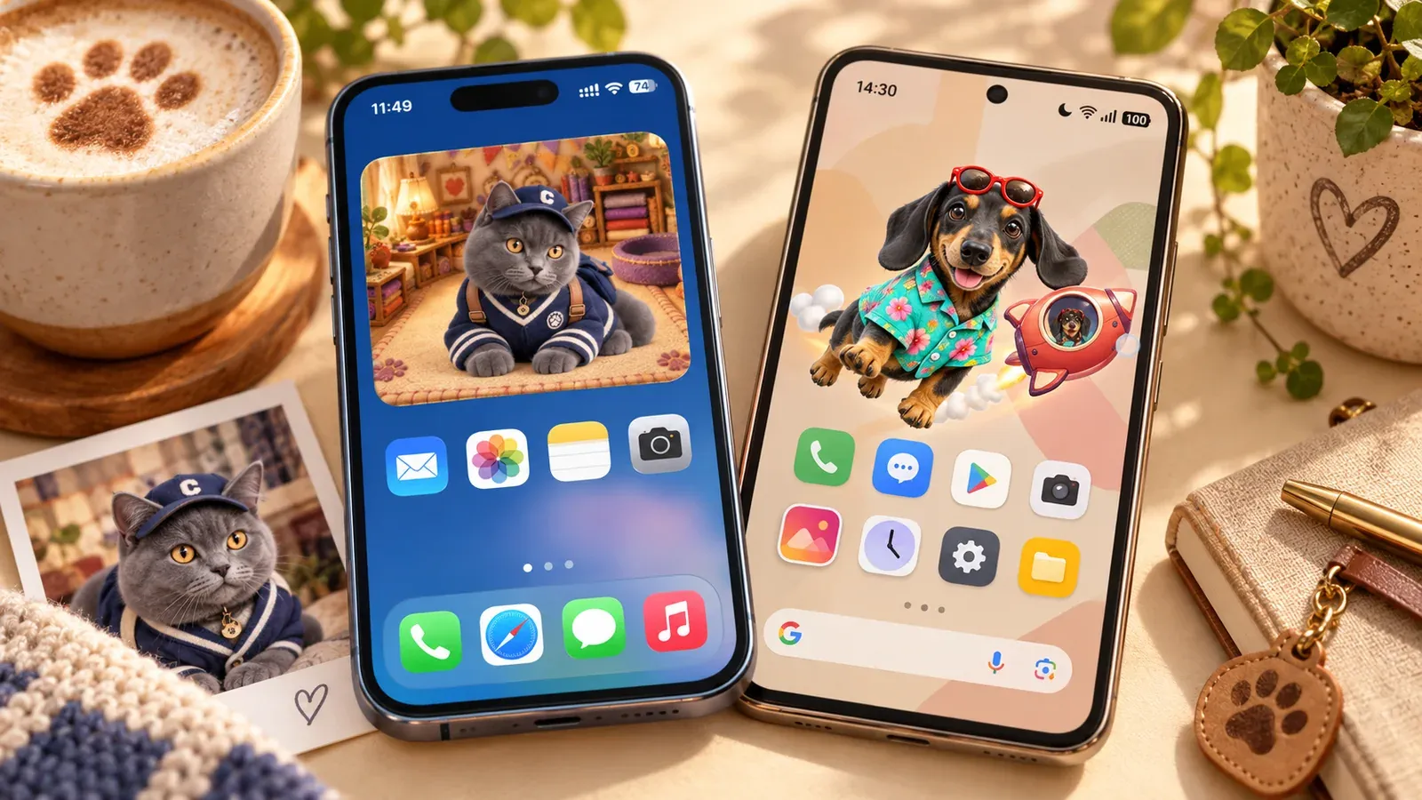 An editorial illustration of iPhone and Android companions: a cat's Home Screen room and a floating dog.