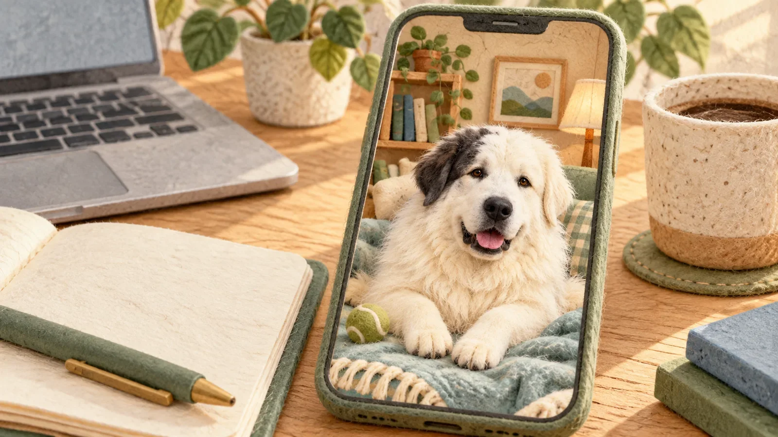 An editorial illustration of a white dog with a gray ear in a phone room beside a workday notebook and cup.