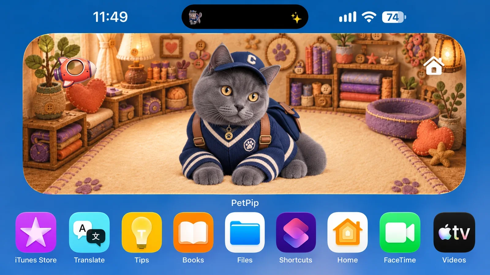 An edited iPhone cover based on a real screenshot, with the gray cat enlarged inside its PetPip room widget.