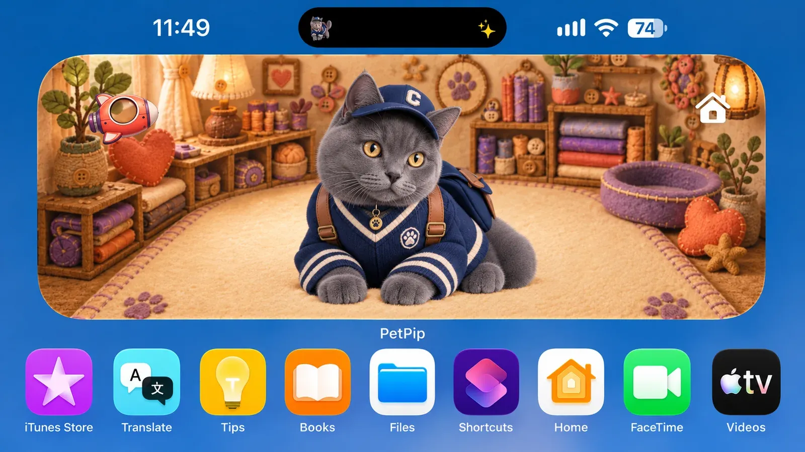 An edited iPhone cover based on a real screenshot, with the gray cat enlarged inside its PetPip room widget.