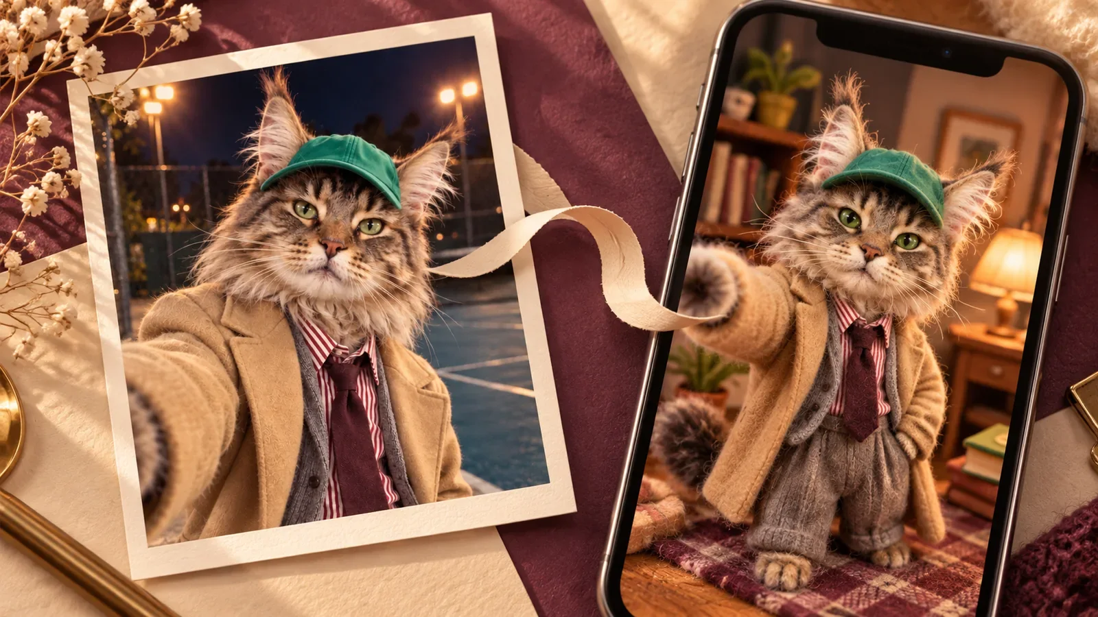 An editorial illustration linking a photo of a tabby in a green cap and camel coat to a miniature phone companion.