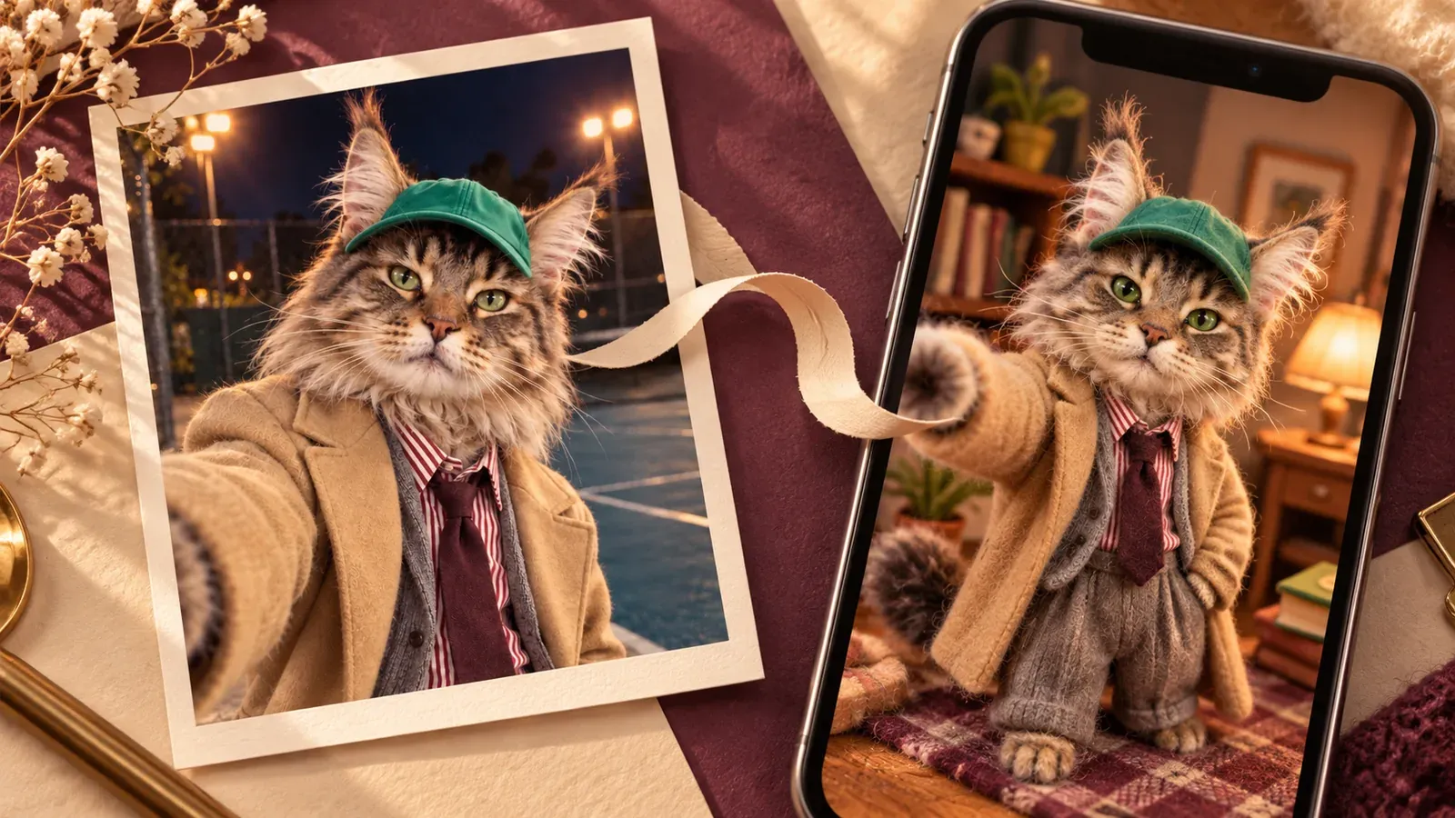 An editorial illustration linking a photo of a tabby in a green cap and camel coat to a miniature phone companion.