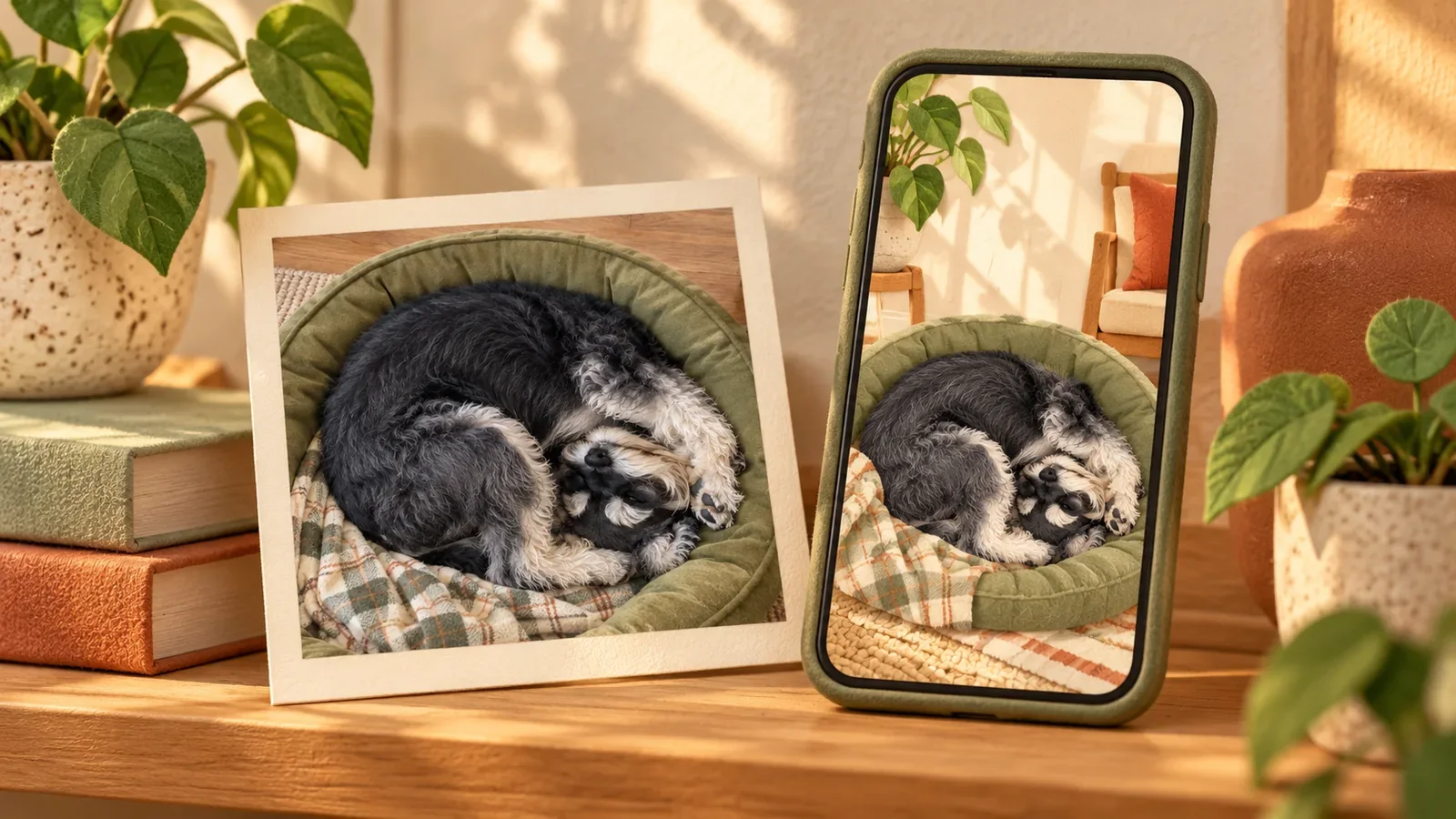 An illustrated shelf with a photograph of a curled-up schnauzer beside a phone showing a familiar little version.