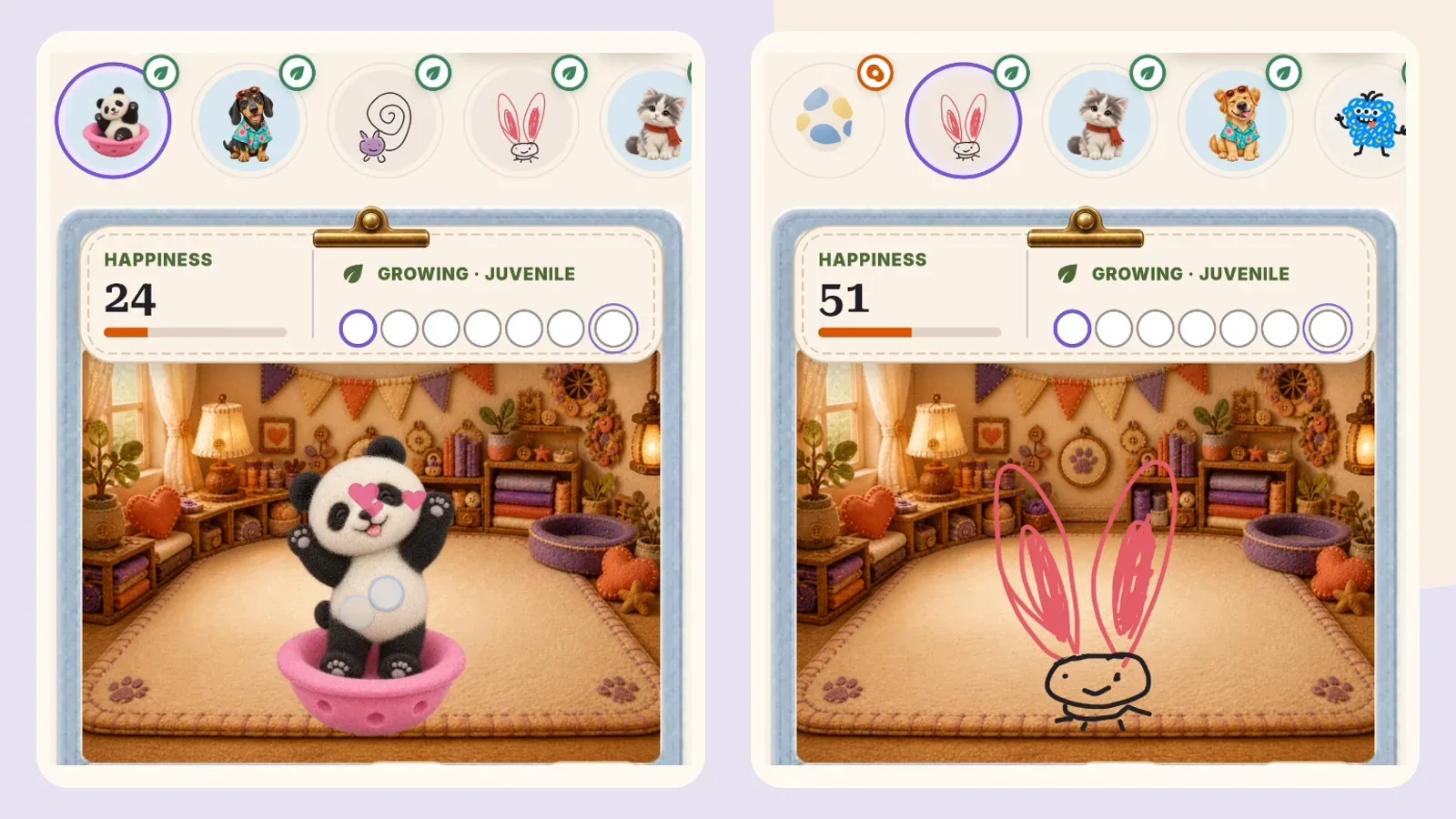 A designed arrangement of two real Paws views, each with a selected pet portrait and its own companion in the room.