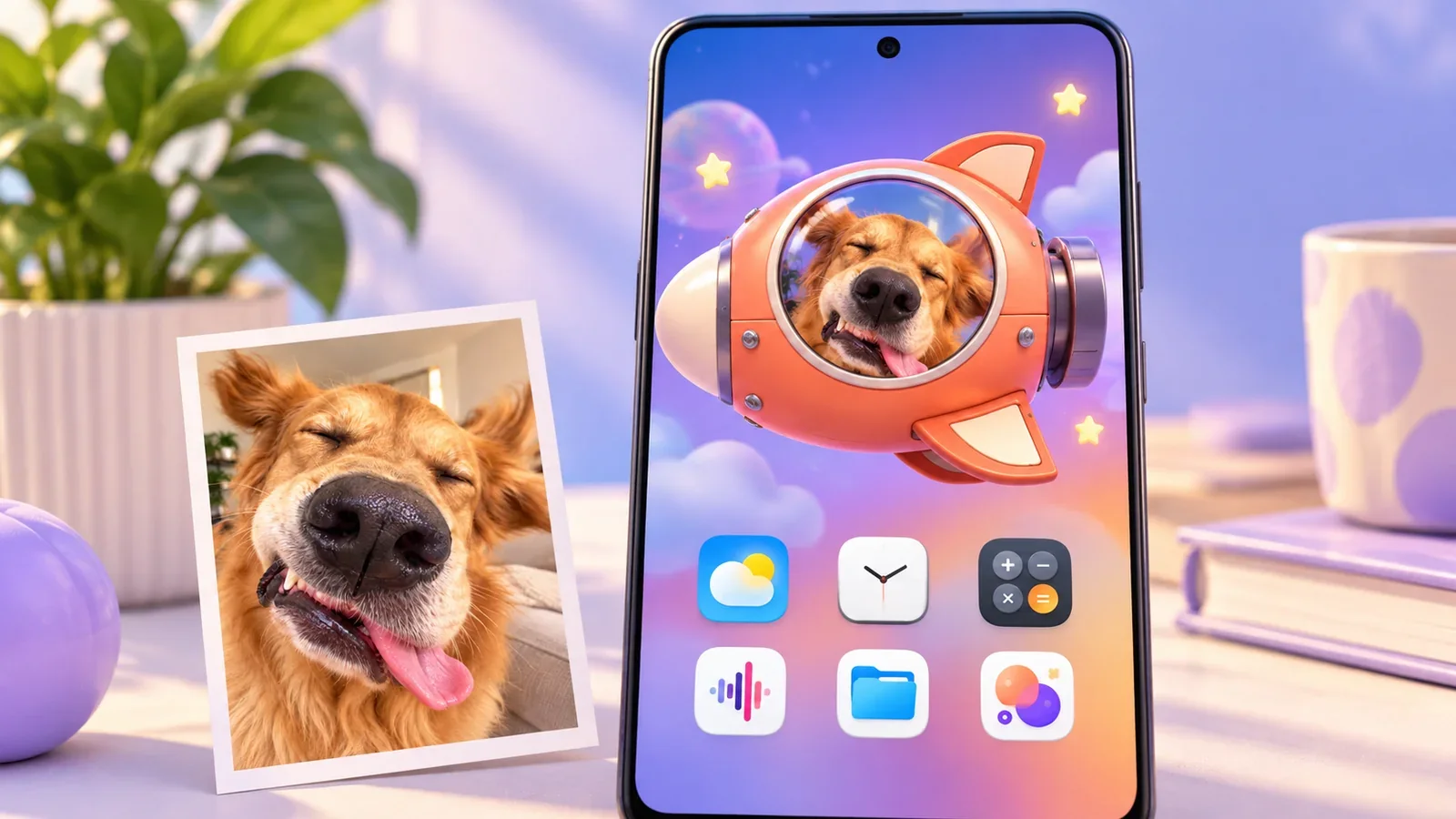 An editorial illustration of a golden retriever photo beside an Android phone showing the same dog in a tiny coral spacecraft.