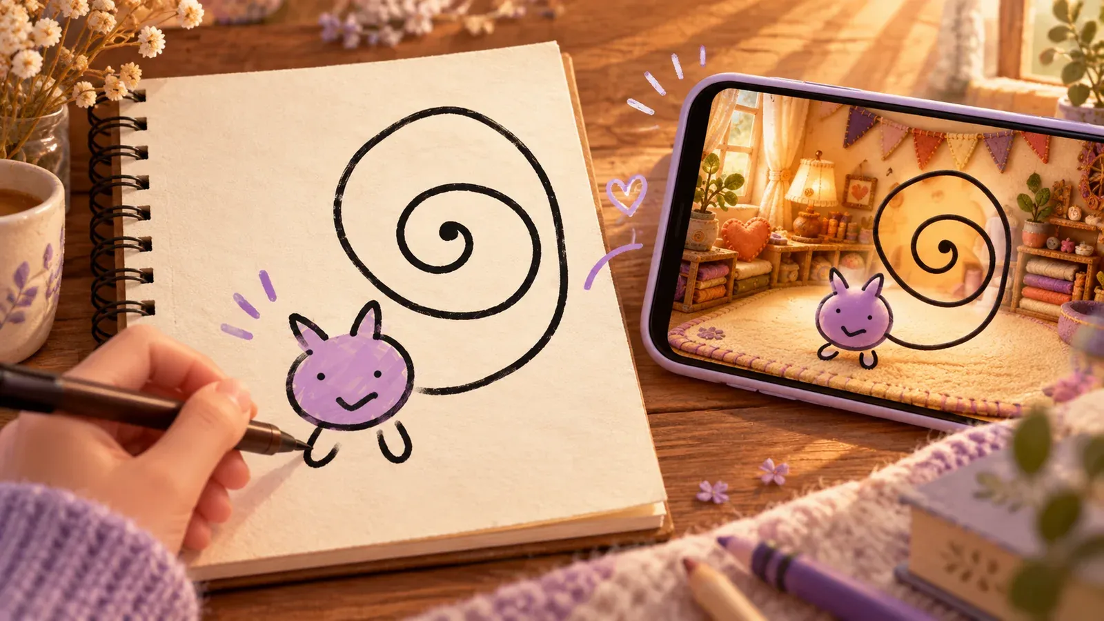An illustrative purple spiral-tail drawing on paper beside the character in a cozy phone room.