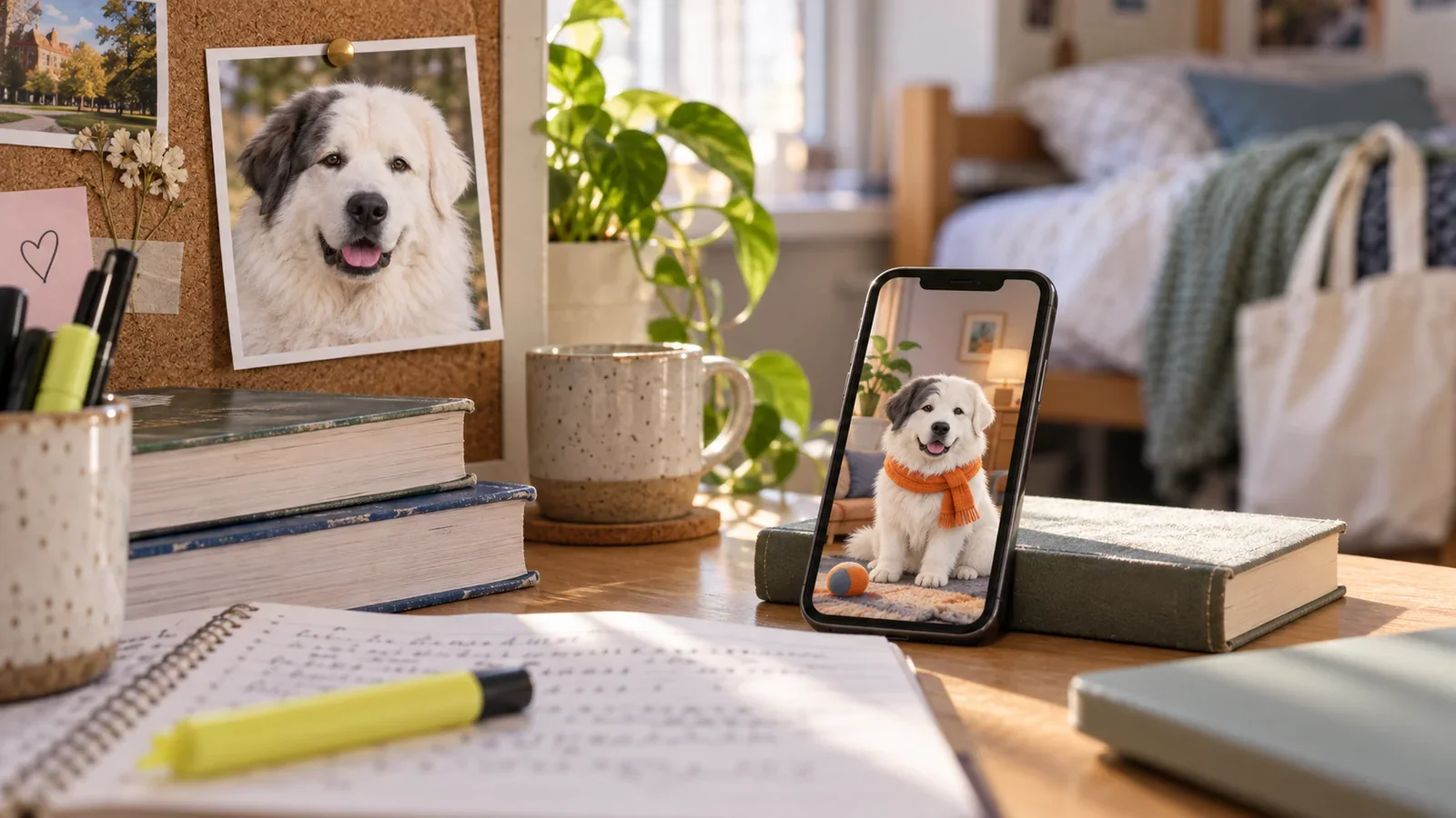 An editorial college-dorm scene with a family dog photo beside a phone companion, notebooks, and textbooks.