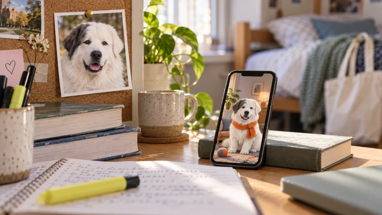 An editorial college-dorm scene with a family dog photo beside a phone companion, notebooks, and textbooks.