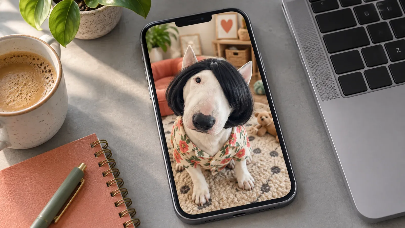 An editorial office-desk scene showing a small bull-terrier phone companion beside a keyboard, notebook, and coffee.