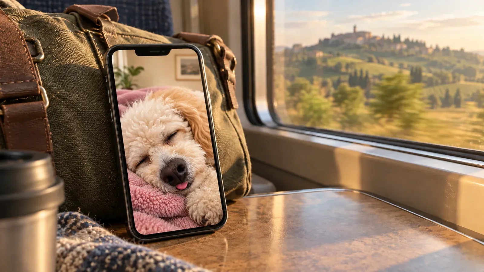 An illustrative train-window scene with a sleepy cream poodle on a phone beside a canvas travel bag.