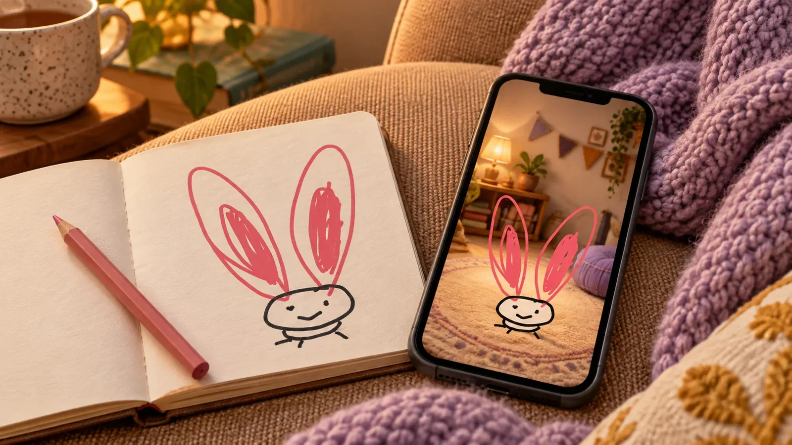 An illustrative sketchbook and phone scene featuring the same tiny rabbit with enormous pink doodled ears.